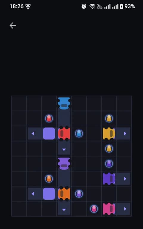 The final level, a complex board with seven vehicles